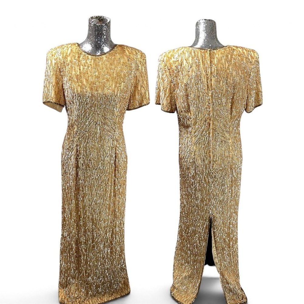 Stenay Gold Beaded Sequin Silk Maxi Evening Gown Short Sleeve Size 16